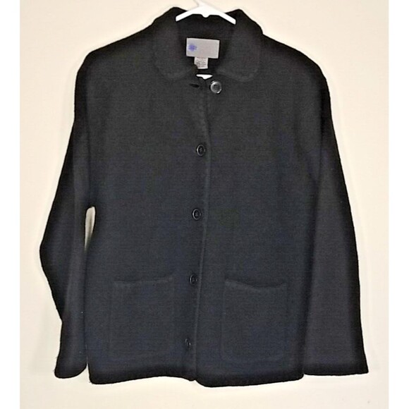 Vintage Squaw Valley Women's Medium Button 100% Wool Sweater Black Cardigan T31 - Picture 1 of 7